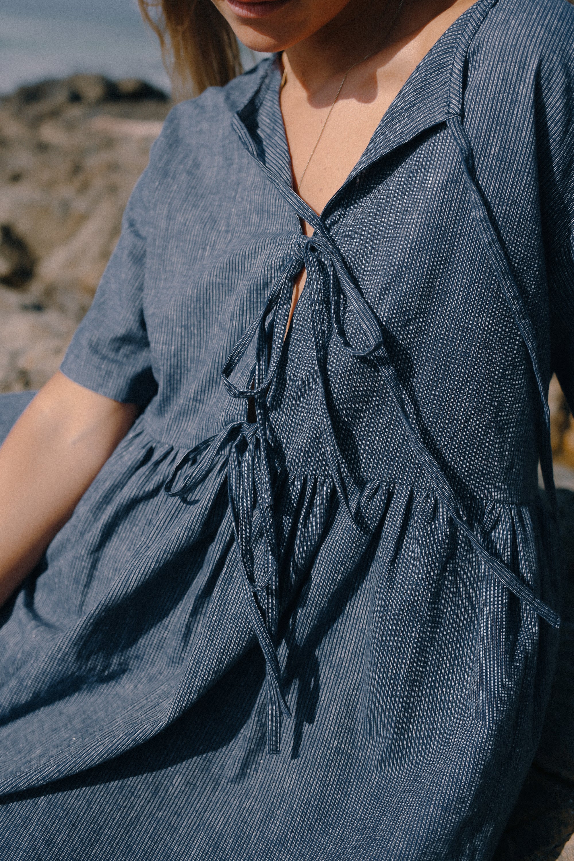 Darcey Tie Dress Navy Pinstripe