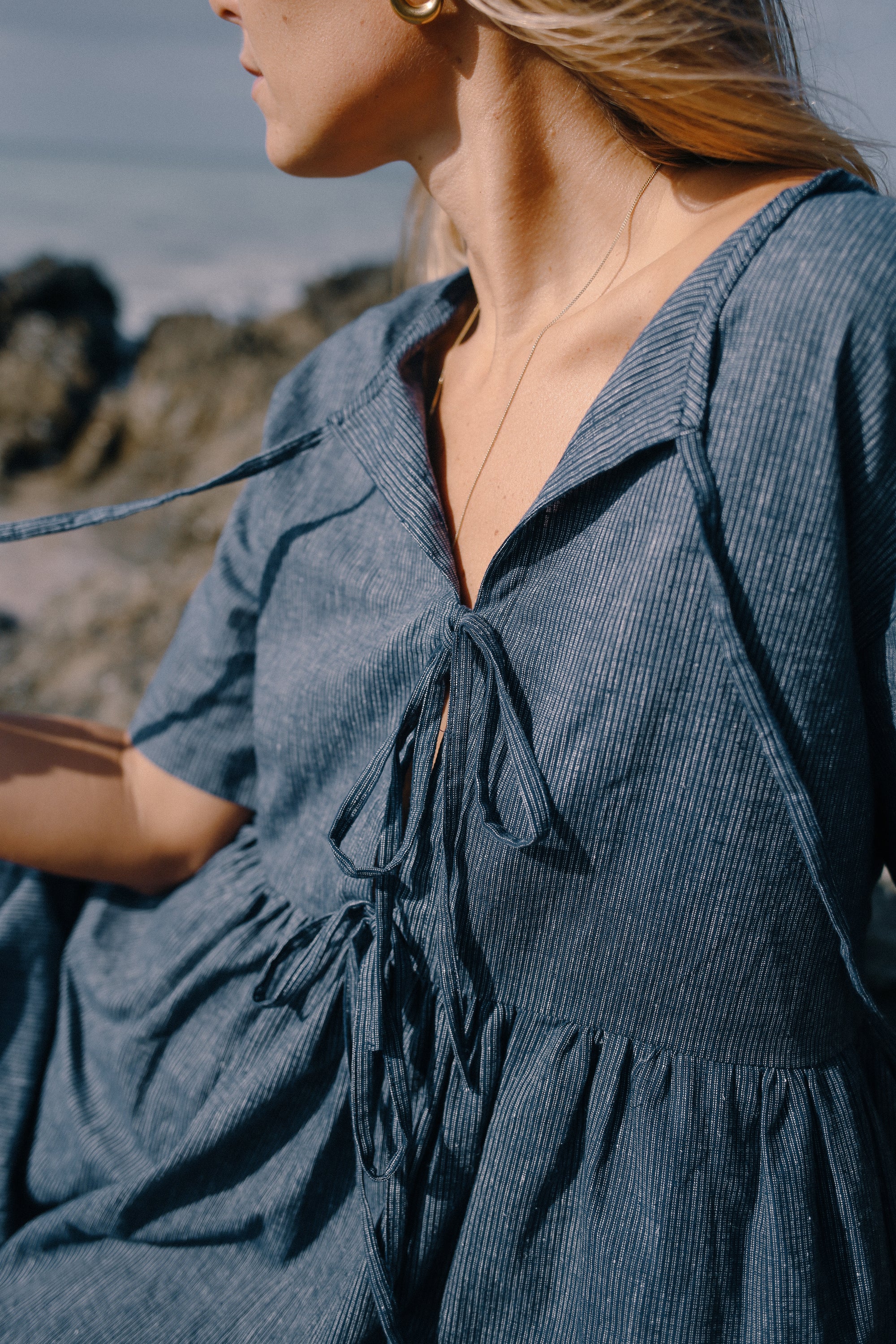 Darcey Tie Dress Navy Pinstripe