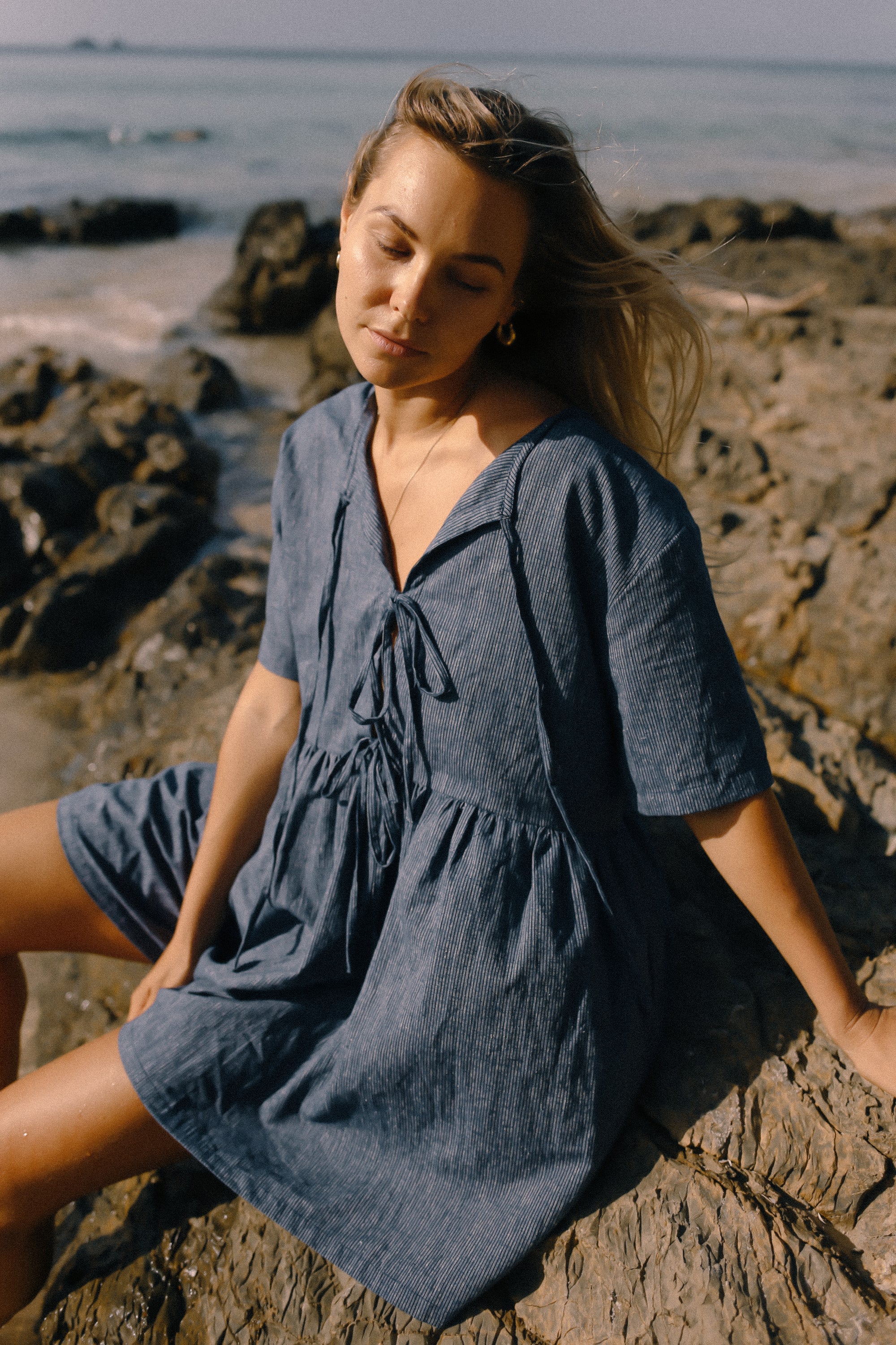 Darcey Tie Dress Navy Pinstripe