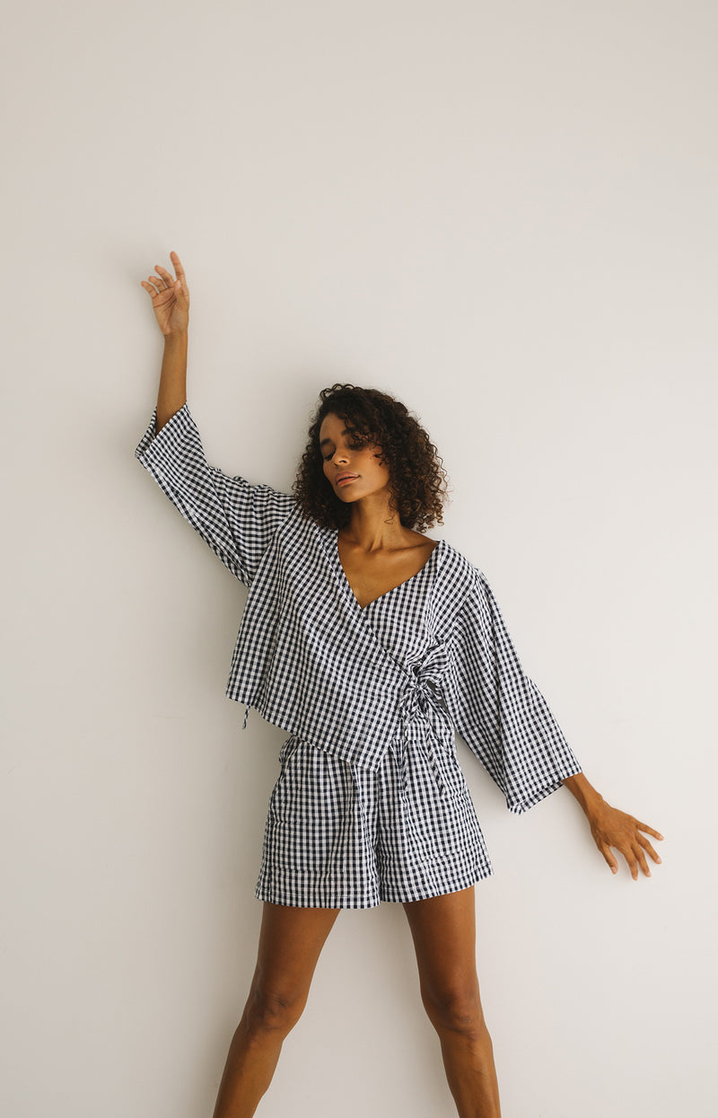 Mia Wrap Top Navy Gingham